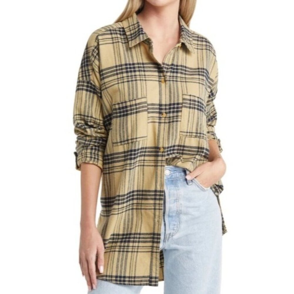 RIP CURL Seeker Flannel Shirt Sz S Beige Navy Blue Plaid Button Down 100% Cotton